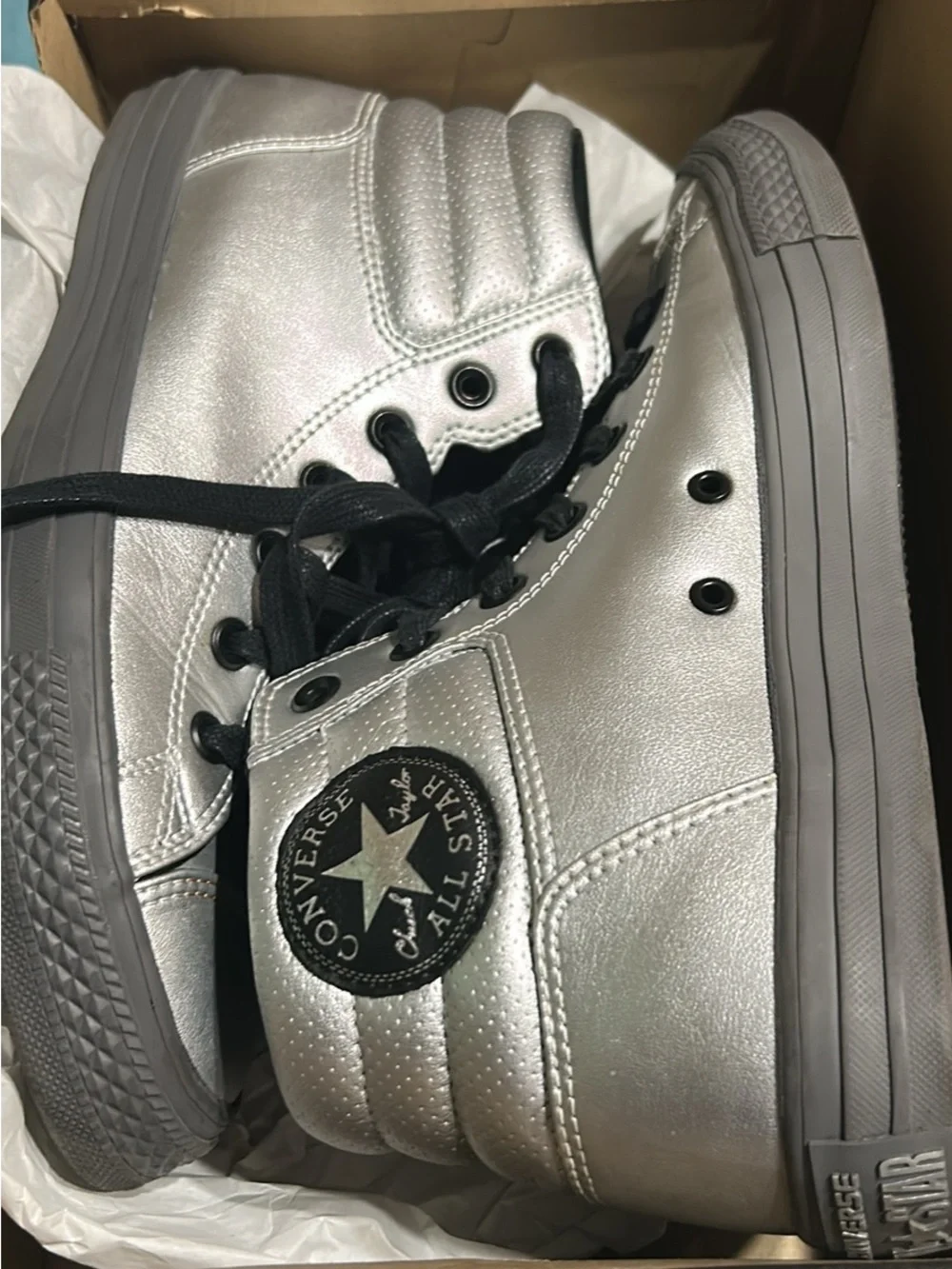 Converse Metallic Silver High-Top Sneakers with Black Laces - Picture 2 of 3